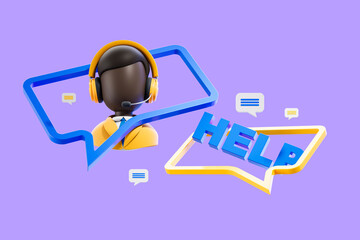 Customer support avatar with headset inside vibrant speech bubbles on purple background highlighting communication help concept.. 3D Rendering