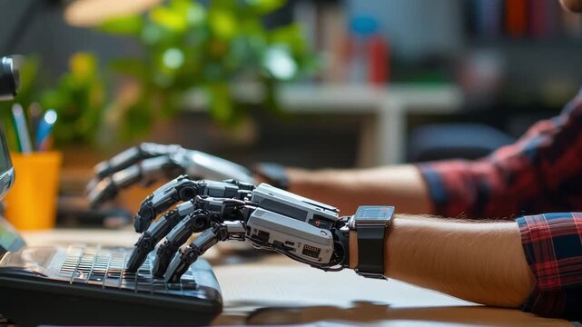 A robotic hand assists a person in typing on a computer keyboard in a technology workspace during the day