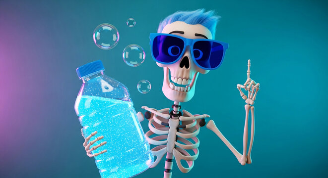 3d skeleton character wearing blue sunglasses and wig, holding sparkling water bottle, showing hydration concept