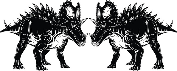 spiked dinosaur, triceratops silhouette, prehistoric creature, horned dinosaur illustration, mirrored dinosaurs, jurassic animal, ancient reptile, black silhouette, vector design © Nazmin