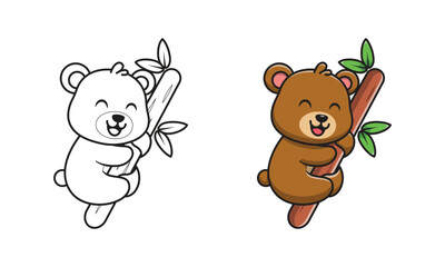 Fototapeta premium Cute bear on wood cartoon coloring pages for kids