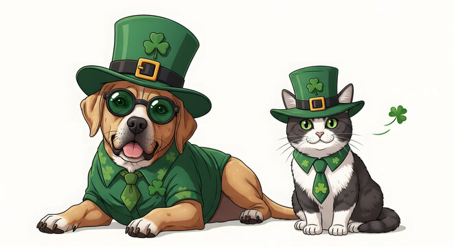 Cute anime Dog and Cat Wearing St Patrick's Day Green Hats 4k pc wallpaper
