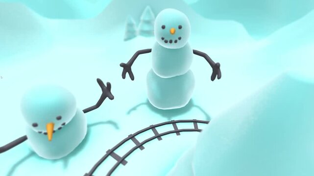 Friendly snowman watching a steam engine train carry a red gift box through a snowy mountain pass with 3d rendered textures and a joyful winter mood