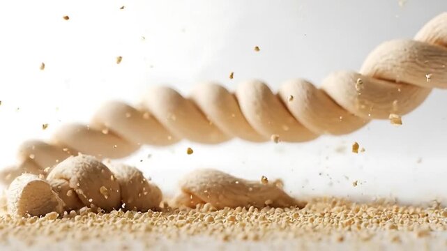 A broken bread braid lies on a white surface with crumbs scattering around.