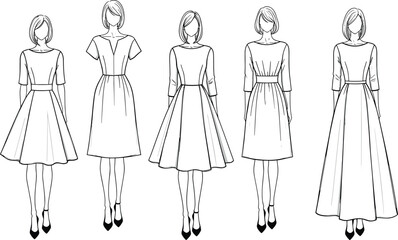 Women dress fashion sketches collection, elegant female clothing outline designs, vintage style dresses illustration set for fashion design