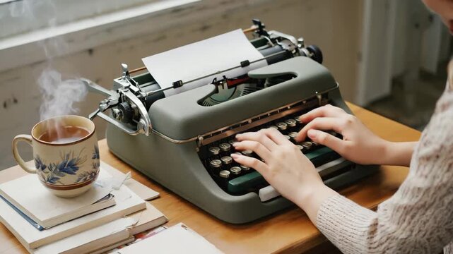Vintage typewriter typing automatically after woman stops typing