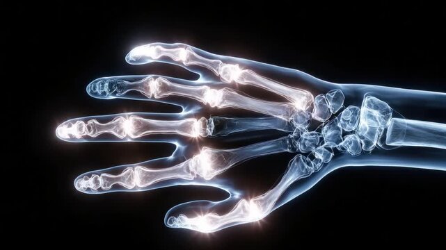 Hand Anatomy Unveiled: An x-ray image reveals the intricate skeletal structure of a human hand, highlighting the joints, bones, and overall anatomical form.