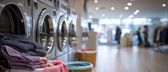 Obraz premium Laundry, washing, machines and clean clothes in modern facility for household chores, convenience and daily routine in urban environment.