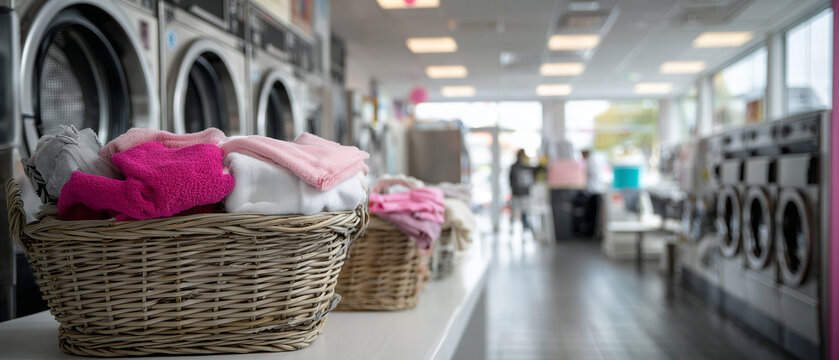 Laundry, baskets, clean, clothes, washing, service, bright, interior, modern, facility with machines and customers in background.