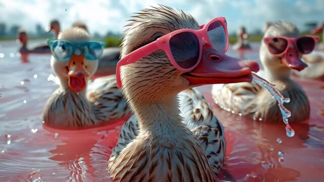 Ducks wearing sunglasses float in pink water, a surreal summer scene captured in a close-up photograph.