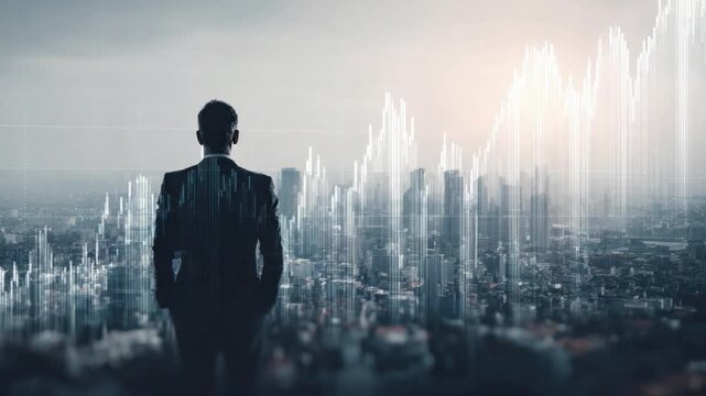 Vision of Urban Success: A silhouette of a confident professional gazes out at a cityscape interwoven with digital charts, embodying the vision of business progress and success.
