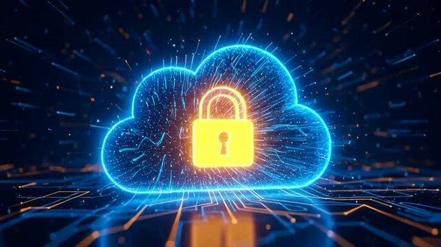 A glowing blue cloud with a secure yellow padlock represents cybersecurity on a digital circuit board background.
