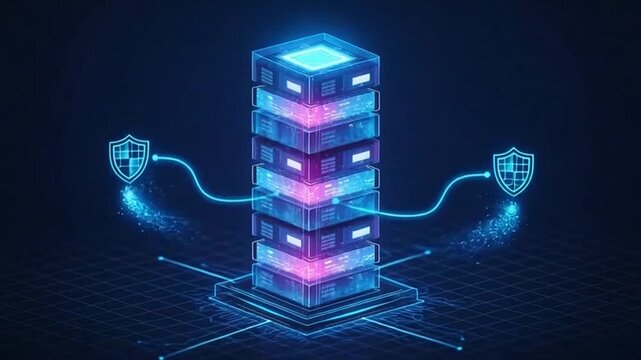 Secure server infrastructure illustration with shield icons and neon lights on dark background