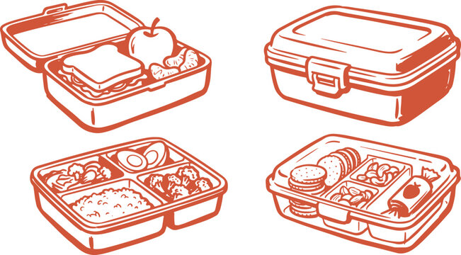 Draw Lunch Box Set School Lunch Container Food Storage Box Vector Illustration Collection.