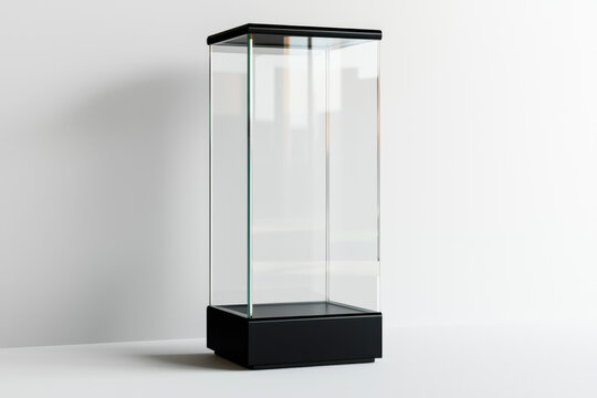 Tall glass display case with black metal base and top, standing empty on white surface against plain white background, showcasing modern and clean design