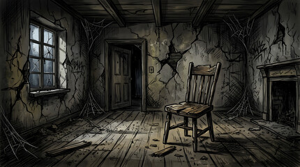 Old Wooden Chair in Abandoned Room.