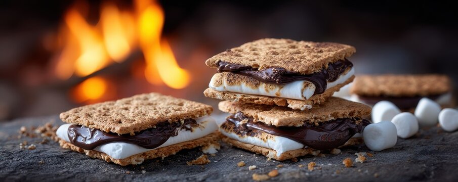 Delicious s'mores treats stacked on rough surface with warm campfire flames blurring background