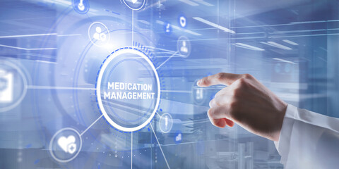 Naklejka premium A doctor's hand in a coat taps the MEDICATION MANAGEMENT option on a virtual screen