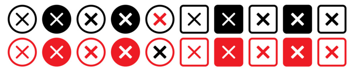 Obraz premium Close icon set in black and red color. close button in round and square shape with filled and outlined.