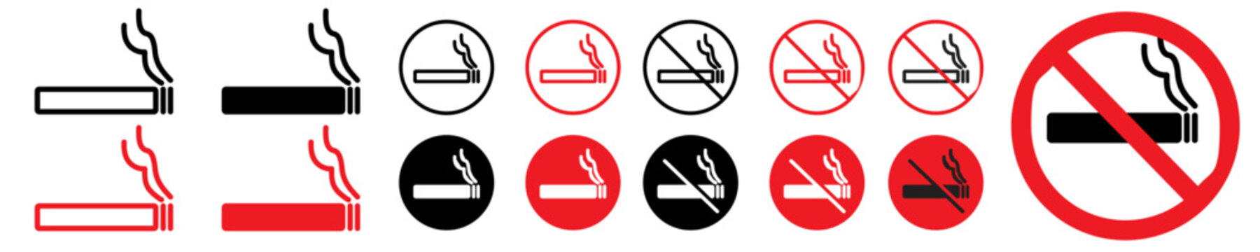 No cigarette icon set. smoke ban area sign vector. Stop smoking red and black round label badge on white background