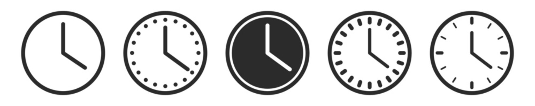 Clock seven icon set. 7 am vector symbol. 7pm time sign in black filled and outlined style.