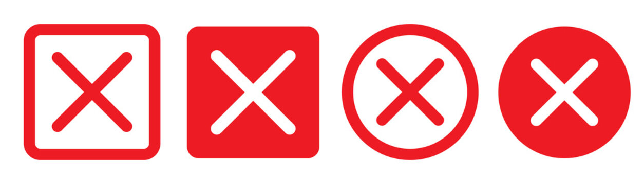 Close icon set in black and red color. close button in round and square shape with filled and outlined.