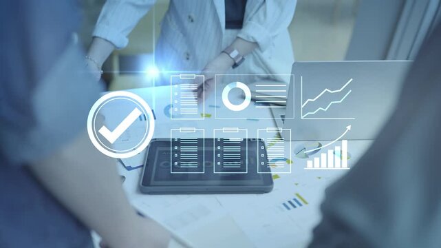 Digital document management and quality check. Business data analysis, audit verification checklist, approved standard compliance, smart system automation, and certified information concept