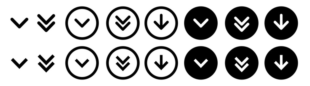 Down arrows set. Scroll downward vector icon set. Black simple arrow buttons set for apps or websites ui designs