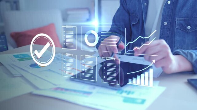 Digital document management and quality check. Business data analysis, audit verification checklist, approved standard compliance, smart system automation, and certified information concept