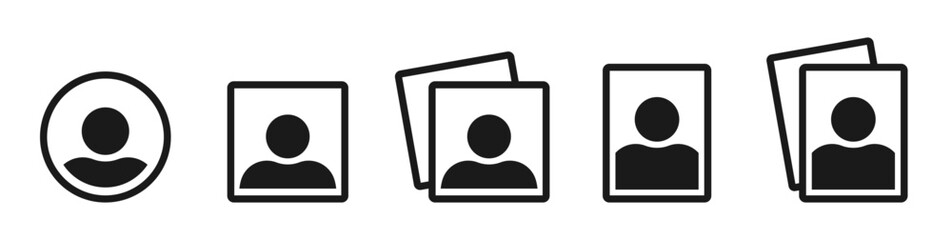 Default photo placeholder black icons set. Isolated user headshot profile avatar symbols on white background. Minimalist character portrait place holder picture. Vector illustration.