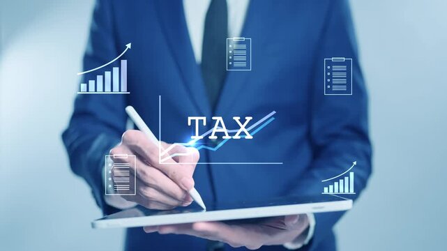 Digital tax filing Tax return financial planning analyzing  data revenue deductions filing income tax online payment mobile app computer technology. Business tax management economy 