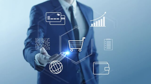 Online shopping and mobile payment concept. Digital online shopping e-commerce business, internet banking app, virtual credit card transaction, smart retail marketing, and global wallet technology.