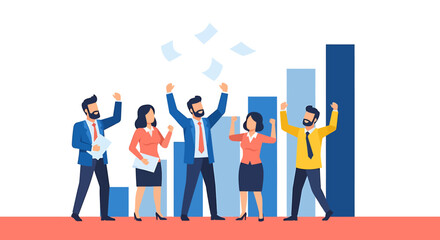 Fototapeta premium Diverse group of professionals celebrating success in front of a growing graph illustration