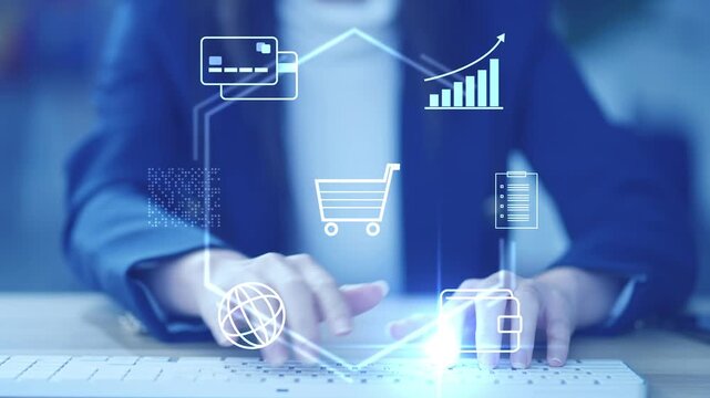 Online shopping and mobile payment Affiliate marketing shopping e-commerce business, internet banking app, virtual credit card transaction, smart retail marketing, and global wallet technology.