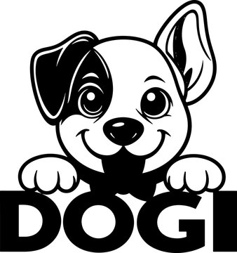 Cute Cartoon Dog Mascot Logo with Red Bow Tie Peeking Over DOGI Text Vector