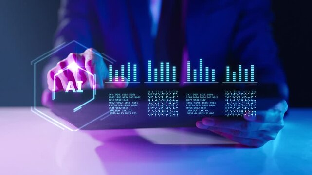 Artificial intelligence AI finance stock market data analysis machine learning. Business big data analytics, digital transformation technology, smart computer system, and futuristic network innovation