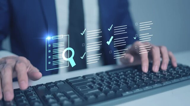 AI data processing and digital document analysis. Business information management, smart checklist verification, automated audit system, searching technology, and intelligent workflow concept.