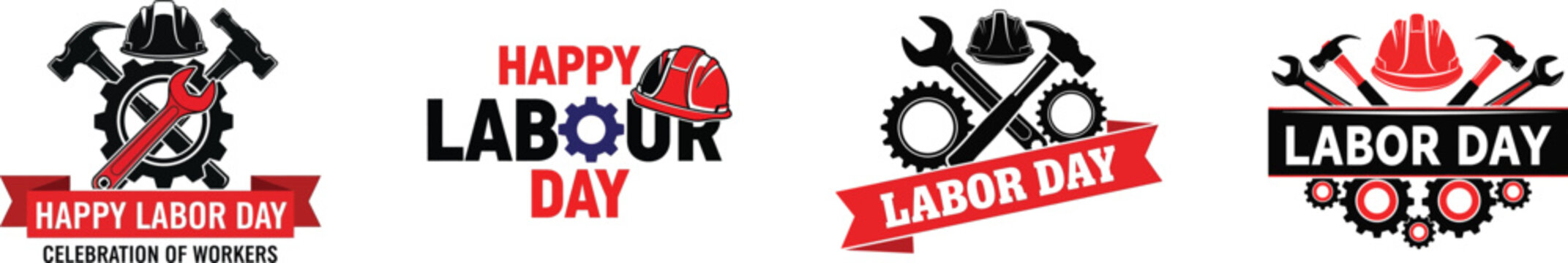 Labour day celebration logos and banners with fire and slogans