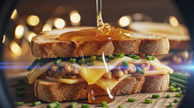 Golden honey drizzle over savory toasted sandwich with melted cheese and fresh chives for breakfast or lunch