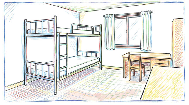 Simple Room with Bunk Beds and Desk.