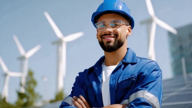 The Engineer of Sustainable Future: An engineer in safety gear stands with crossed arms, radiating optimism and expertise in front of renewable energy sources, celebrating innovation in environment.