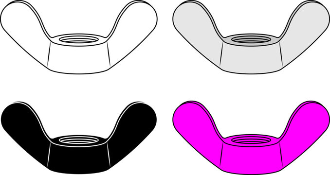 Set of wingnut icons in various styles: outline, grey, black, and pink for hardware design