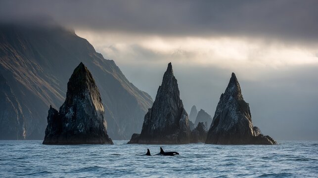 Sunrise paints three rocky brothers near Kamchatka's killer whale. Travel captures Russia's wild beauty.