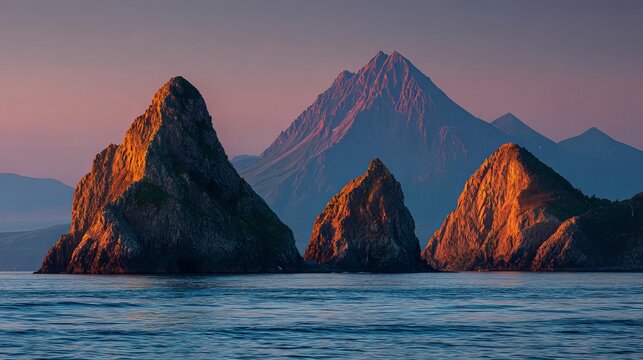 Sunrise paints three rocky brothers near Kamchatka's killer whale. Travel captures Russia's wild beauty.