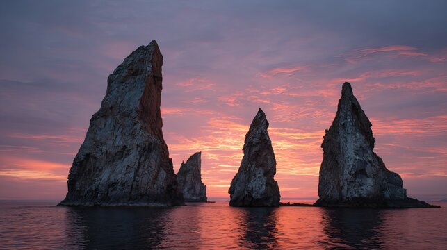 Sunrise paints three rocky brothers near Kamchatka's killer whale. Travel captures Russia's wild beauty.