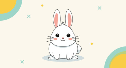 Obraz premium Cute white cartoon rabbit sits patiently on a light background decorated with simple geometric shapes perfect for easter or animal themes.