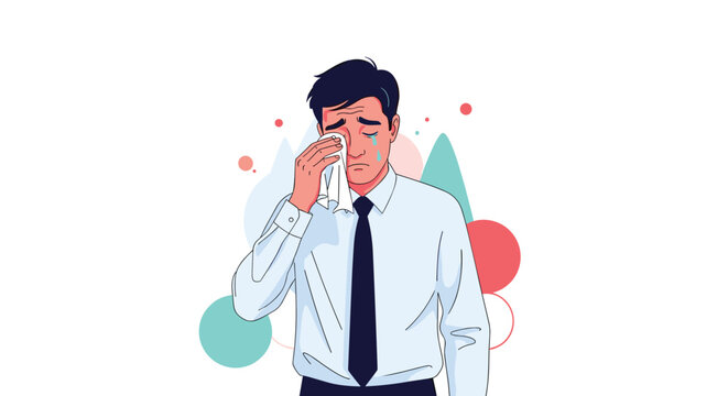 Sad businessman wipes his tears with a white handkerchief representing emotional distress, professional failure, or a difficult time at work.