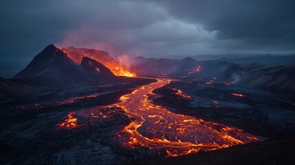 Lava in Iceland's Fagradalsfjall volcano presents a beautiful sight against a cloudy sky.