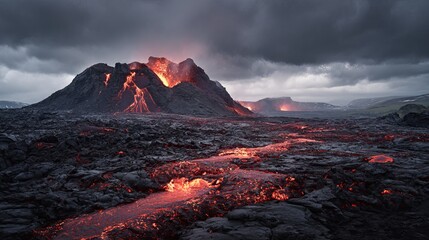 Lava in Iceland's Fagradalsfjall volcano presents a beautiful sight against a cloudy sky.