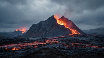 Lava in Iceland's Fagradalsfjall volcano presents a beautiful sight against a cloudy sky.